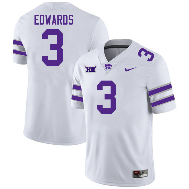 Kansas State Wildcats #3 Dylan Edwards College Football Jerseys Stitched-White